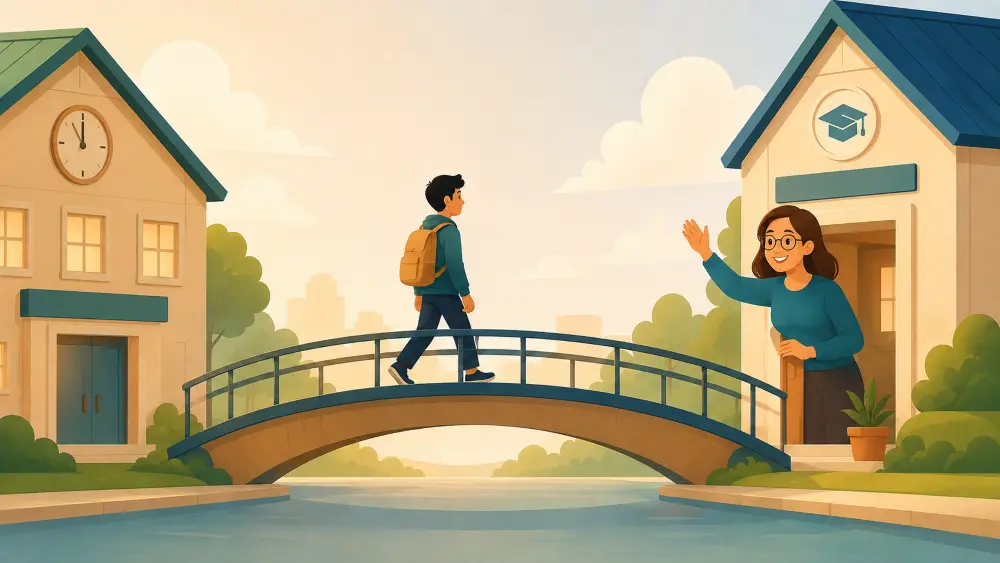 Illustration av två skolor, en till vänster och en till höger. EN bro mellan skolorna med en elev på.  Sara är till höger och tar emot efter övergången.