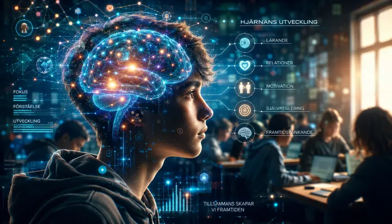 AI-bild. Illustration av ung elev, hjärnan och nätverk.
