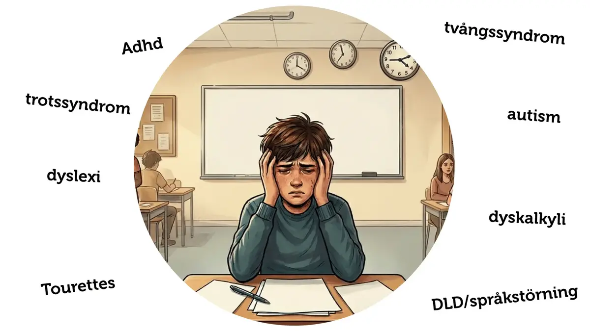 Elev i mitten. Runt eleven står orden adhd trotssyndrom dyslexi Tourettes tvångssyndrom autism dyskalkyli DLD/språkstörning