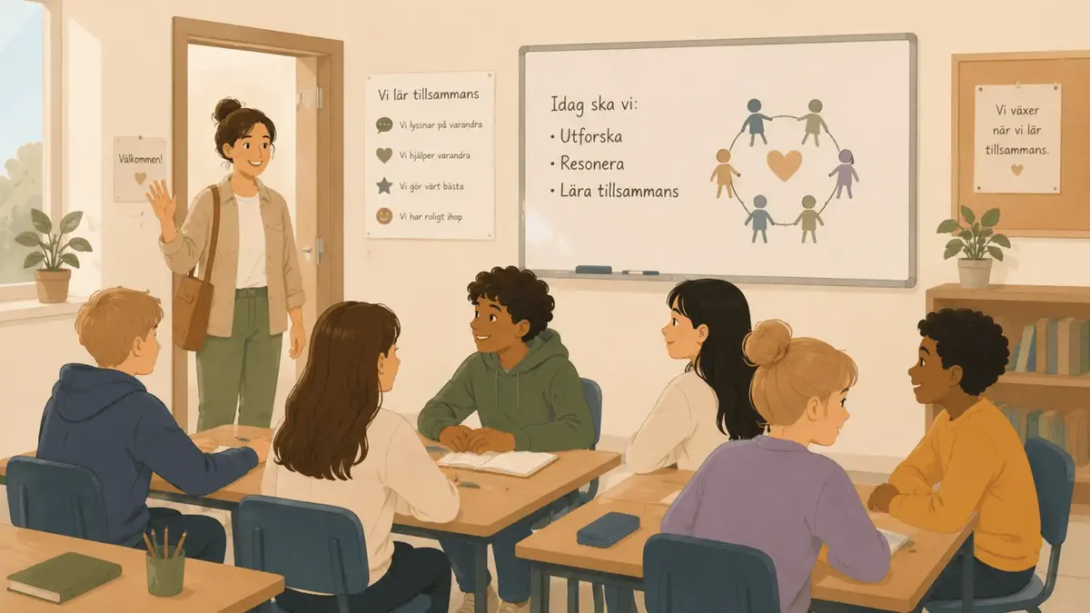 Illustration av lärare som kommer in till eleverna. På väggen sitter små lappar med uppmuntrande ord om samarbete.