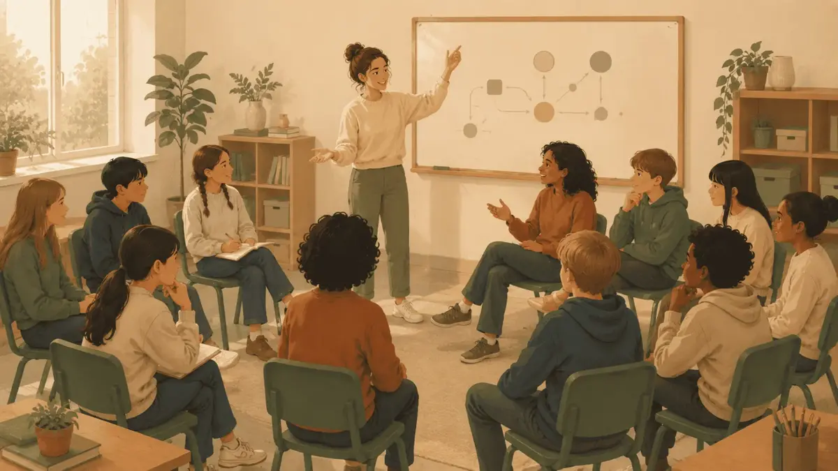 Illustration av lärare och elever där läraren leder helklassamtalet
