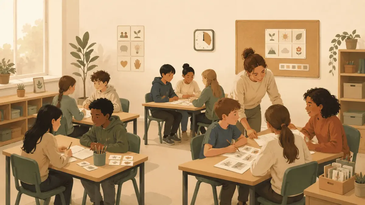 Illustration av elever som arbetar i par eller grupp