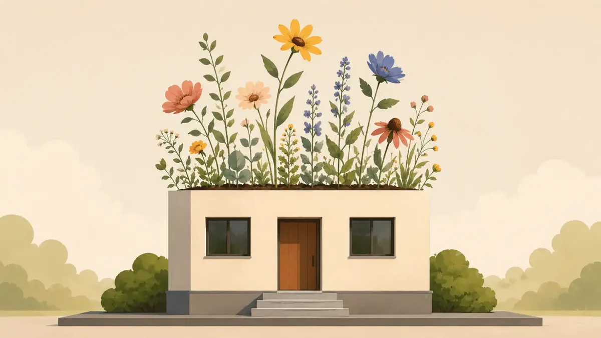 Ett illustrerat hus med öppet tak och blommor som växer ur