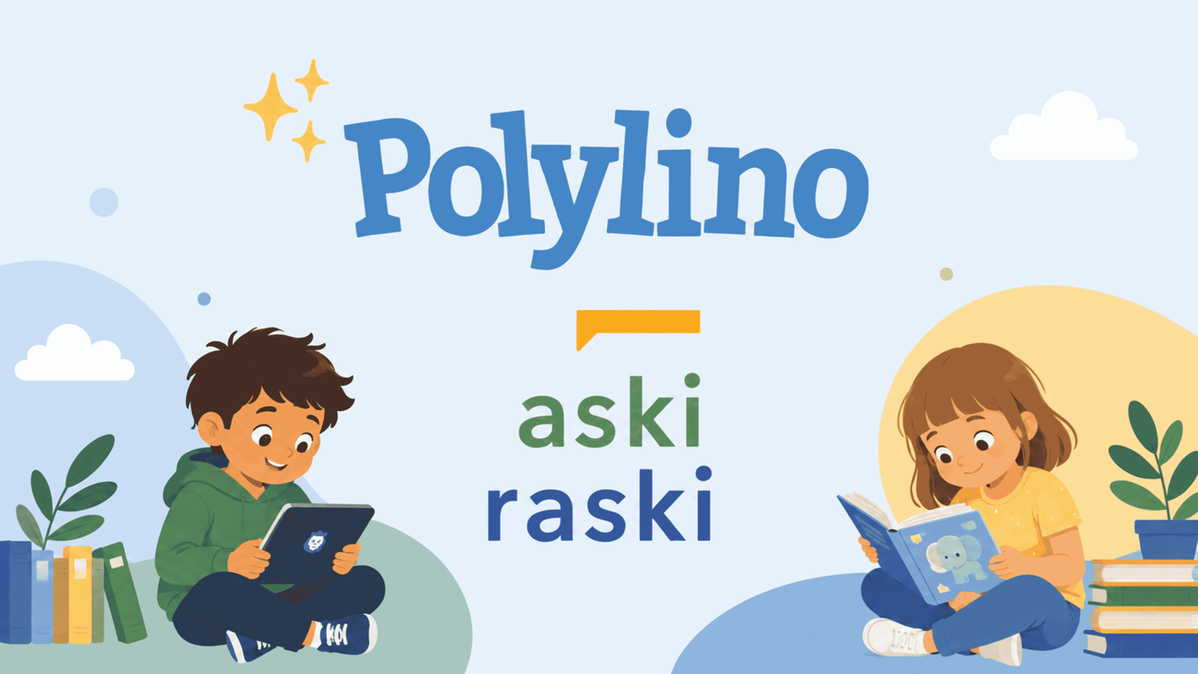 Illustrerad bild på två barns som läser och texten Polylino och Aski Raski