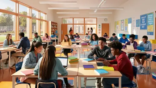 Ett klassrum med flera elever som sitter vid varsitt skrivbord och arbetar.