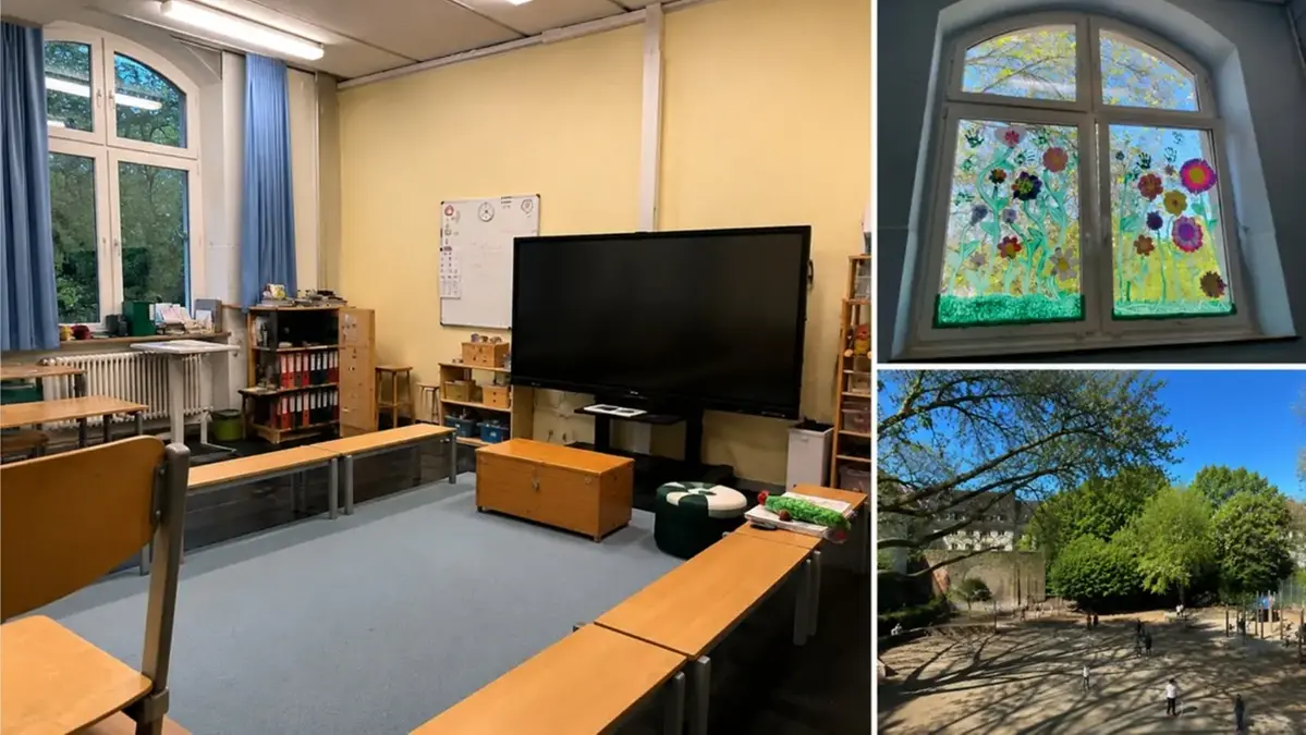 Kollage med ett klassrum, ett dekorerat fönster och en skolgård på Schule am Blücherpark i Dortmund.