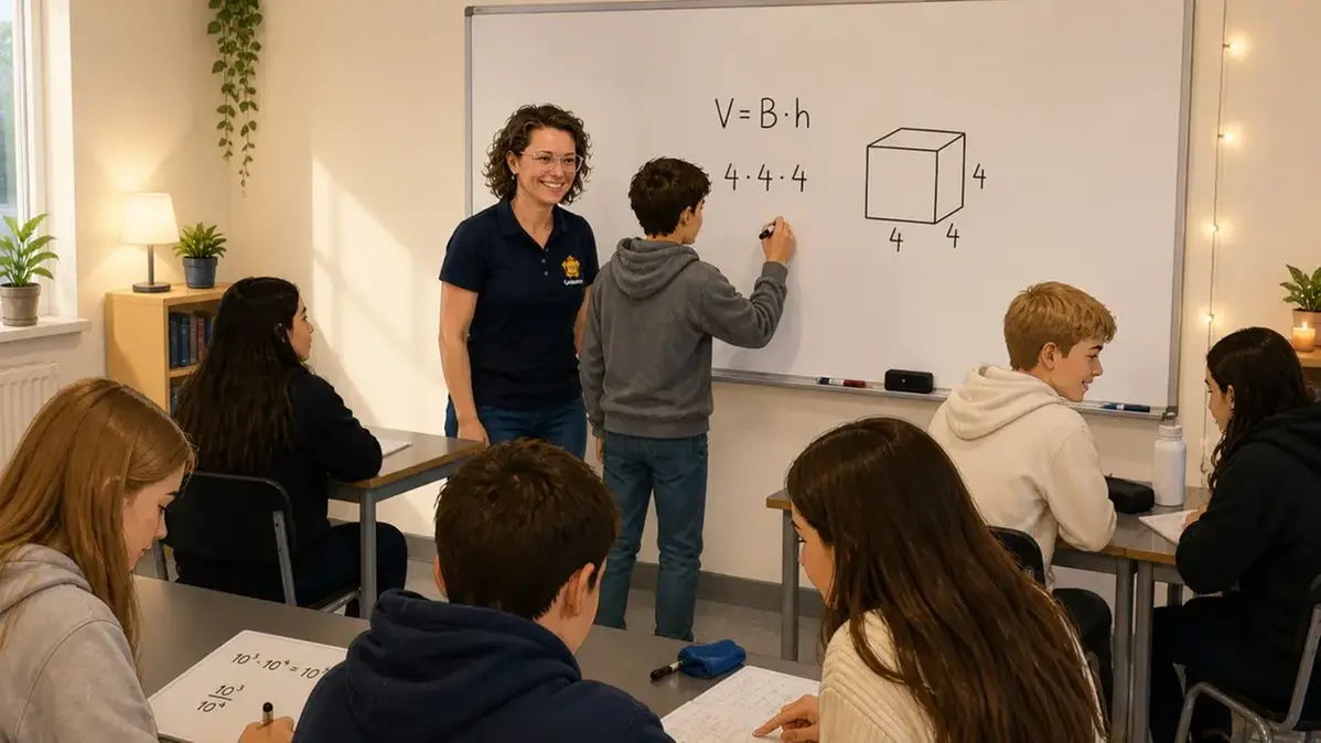 Bild från ett klassrum, 5 elever sitter vid sina bänkar och arbetar matematiktillsammans, en elev står och beräknar volymen av en kub vid tavlan.