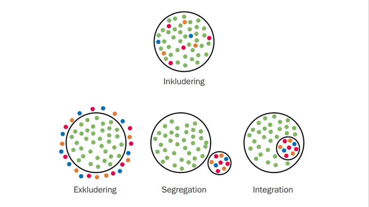 Grafik som visar skillnaden på inkludering, exkludering, segregation och integration. Bild: Skolverket (2014). Inkluderade elever.