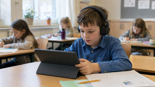 Elev i 9-årsåldern sitter med en ipad och hörlurar och koncentrerar sig. AI-genererad bild.
